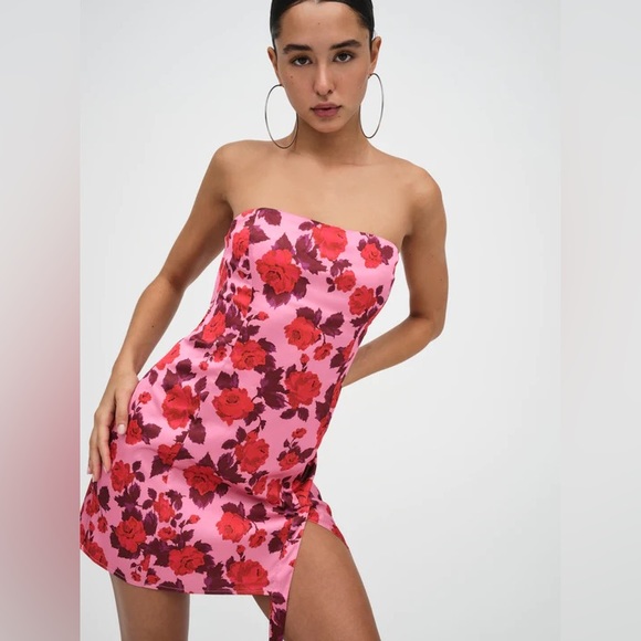 For Love and Lemons Huda Mini Dress Rose Print Strapless Satin with Puff Sleeves - Picture 8 of 12